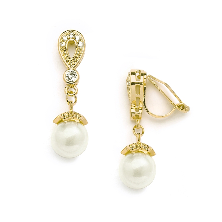 14 K Gold Vintage CZ Pave Clip-On Bridal Earrings with Pearl Drop<br>468EC-G