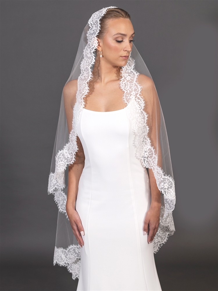 Mariell Wholesale Mantilla Wedding Veil with Double Eyelash Wide Lace Trim