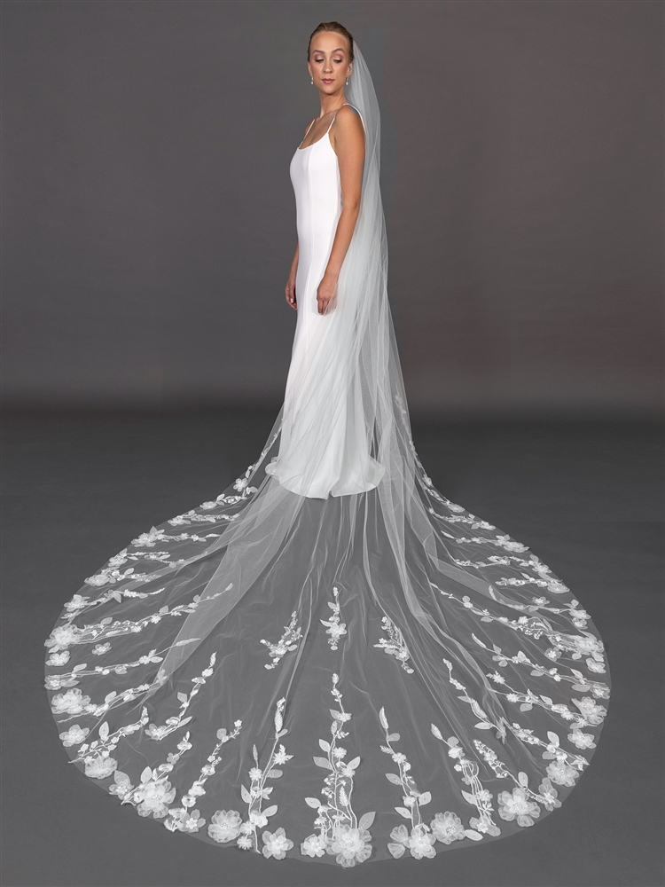 120" Royal Cathedral Bridal Veil with 3D Flowers and Dramatic Vine Appliques<br>4714V-I-120