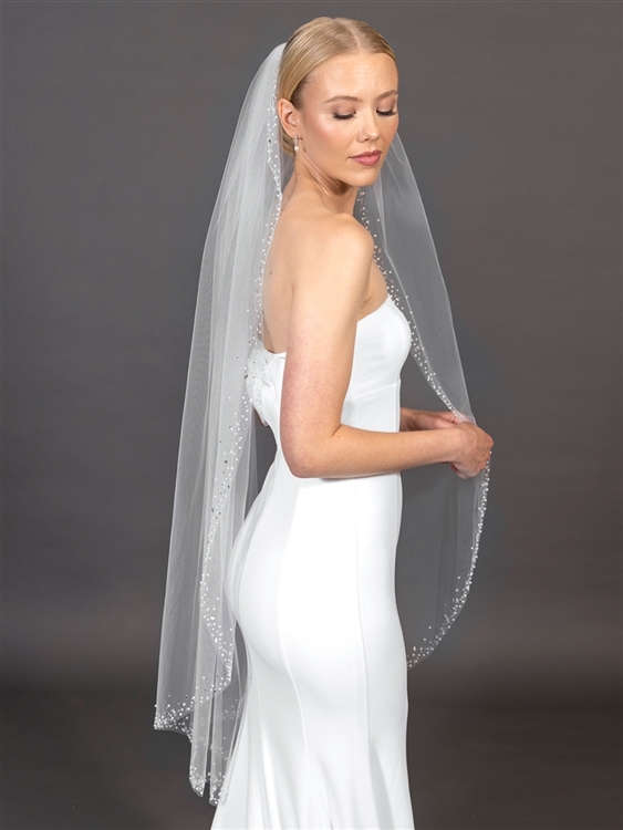 Mariell's 48" Knee Length exquisite wholesale  Crystal Edged Wedding Veil with Pearl and Seed bead accents is a best selling veil for brides