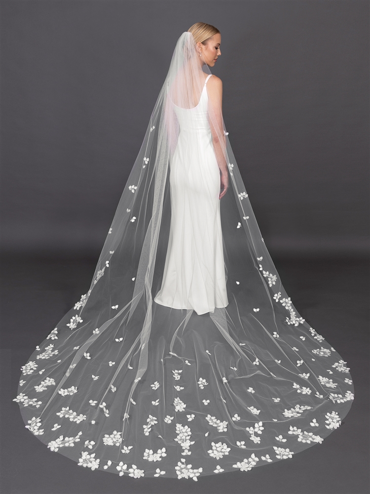 Mariell Wholesale Cathedral  Wedding Veil With Hand-Trimmed Clusters Of Scattered  Applique Petals