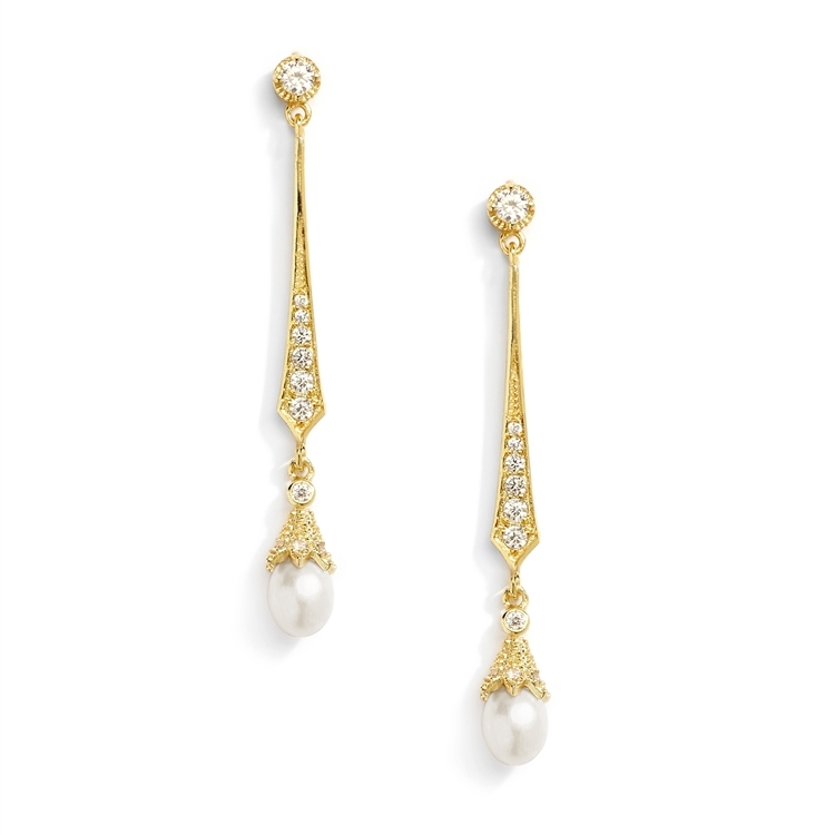 Vintage 14K Gold CZ Dangle Earrings with Freshwater Pearl<br>491E-G