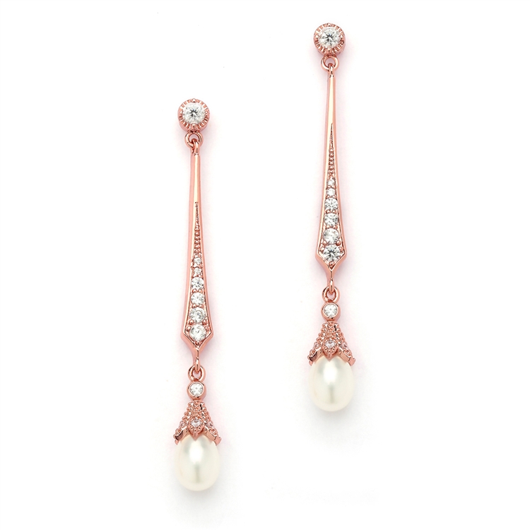 Mariell Wholesale Vintage Rose Gold CZ Dangle Earrings with Freshwater Pearl