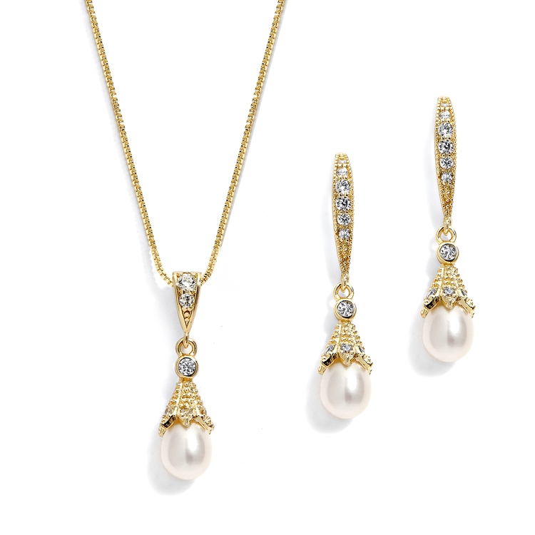 14K Gold Wedding Necklace & Earrings Jewelry Set with Freshwater Pearl<br>491S-G