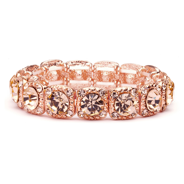 Rose-Gold Coral Color Bridal or Prom Stretch Bracelet with Crystals<br>532B-RG