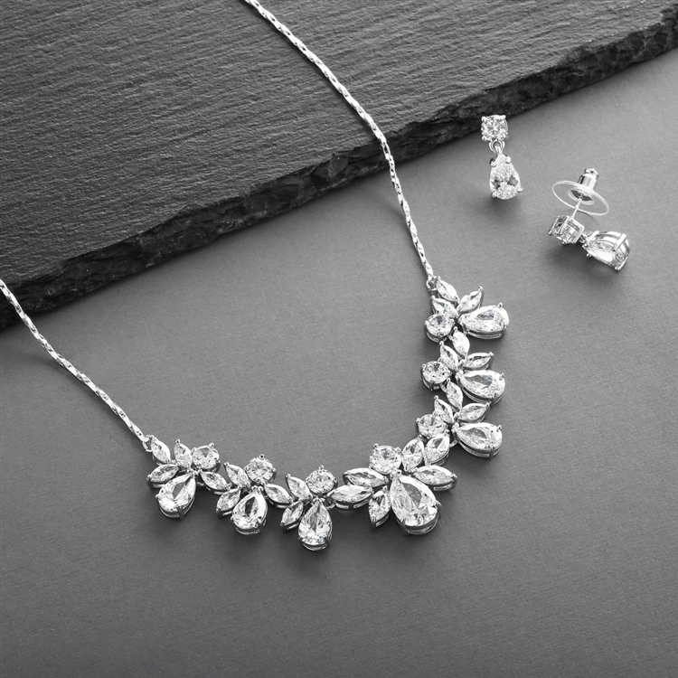 Mariell Wholesale Mixed Pear Shaped CZ Bridal or Prom Necklace & Earrings Set with Delicate Chain