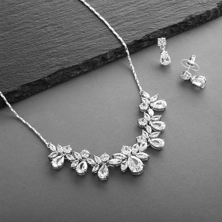 Mixed Pear Shaped CZ Bridal or Prom Necklace & Earrings Set with Delicate Chain<br>578S