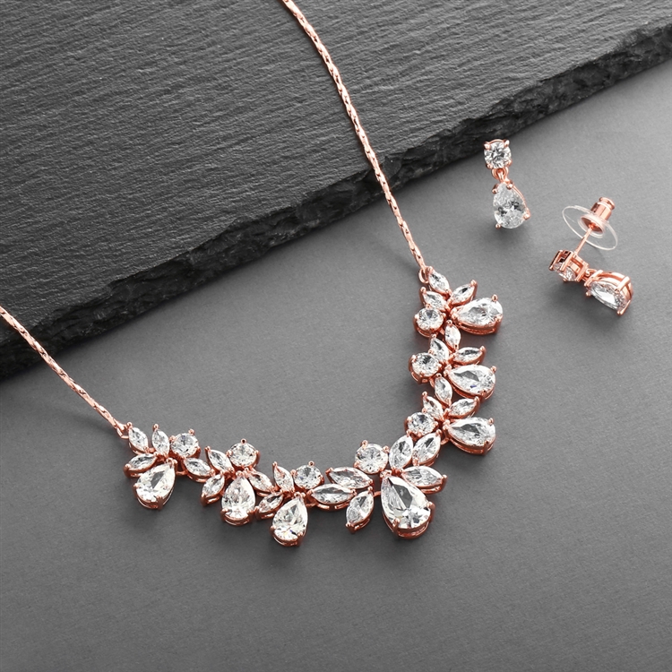 Multi Pear Shaped CZ Necklace Set with in Rose Gold with Delicate Chain<br>578S-RG