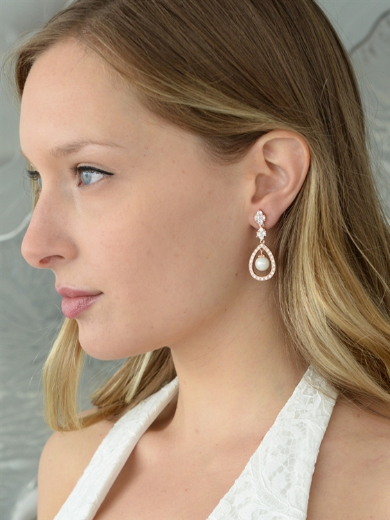 Rose Gold CZ Wedding Clip Earrings with Caged Pearl<br>700E-RG