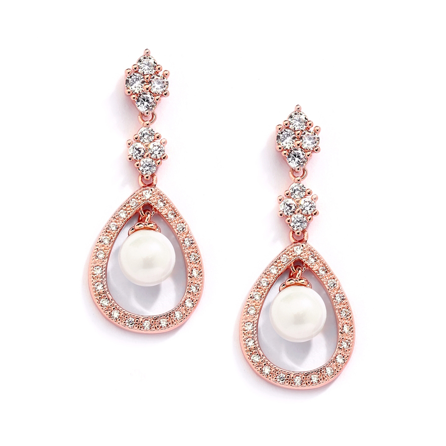 Rose Gold CZ Wedding Clip Earrings with Caged Pearl<br>700EC-RG