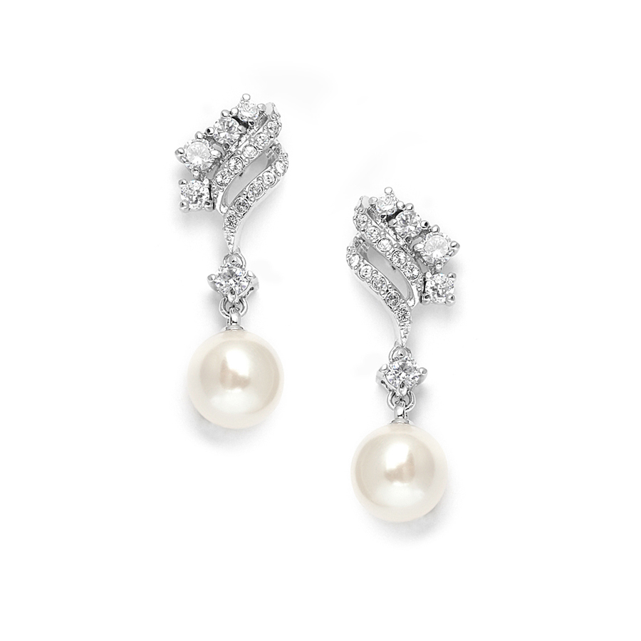 Cubic Zirconia Wedding Earrings with Cream Pearls<br>705E