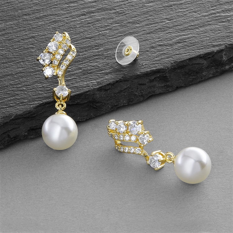 Gold Cubic Zirconia Wedding Earrings with Ivory Pearls<br>705E-G