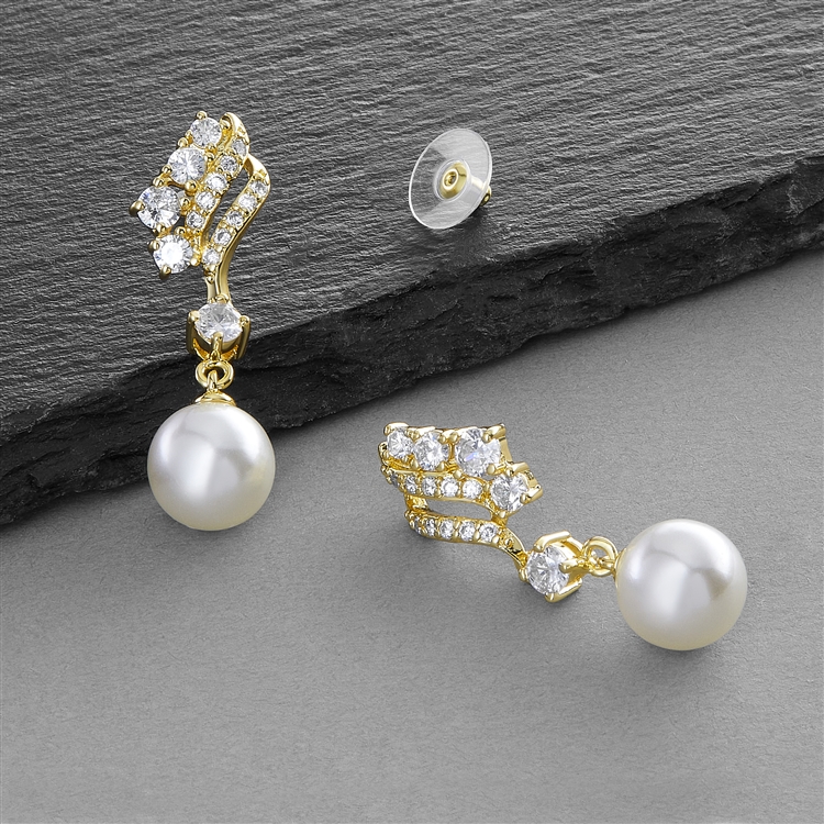 Mariell Wholesale Gold Cubic Zirconia Wedding Earrings with Ivory Pearls