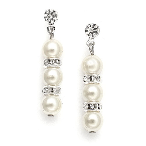 Mariell Wholesale Alternating Pearl and Rondelle Wedding Earrings - White - Clip