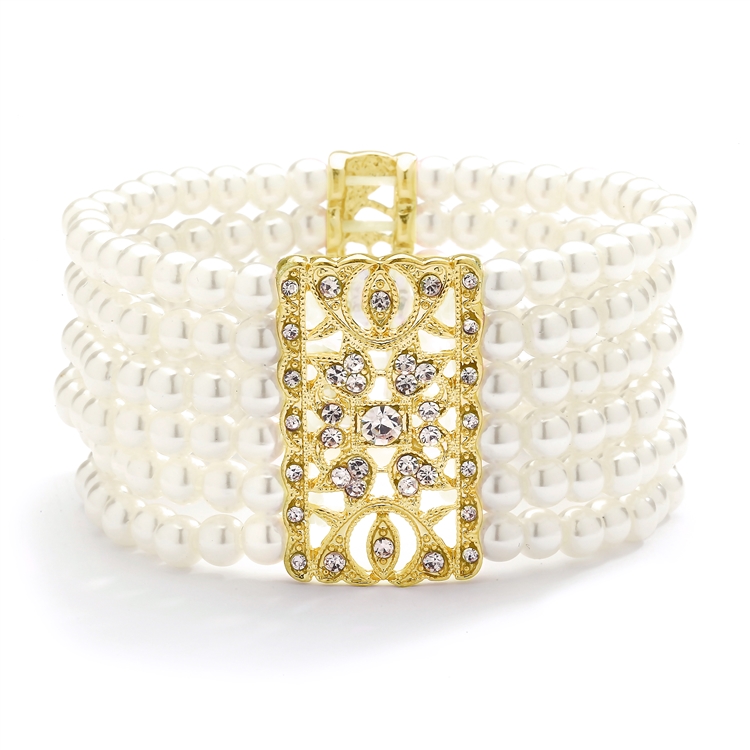 Ivory Pearl & Gold Vintage Stretch Bracelet<br>775B-I-G