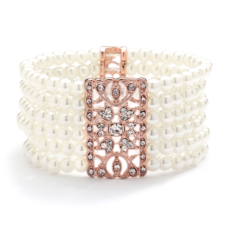 Mariell Wholesale Ivory Pearl & Rose Gold Vintage Stretch Bracelet