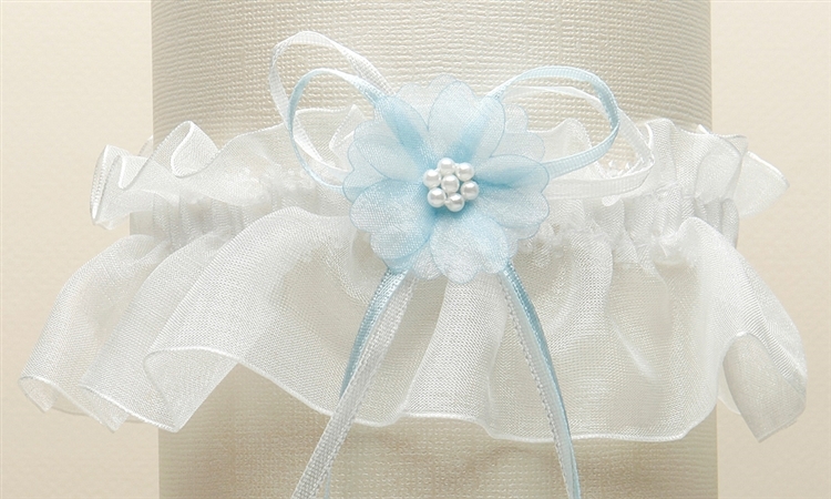 Organza Bridal Garters with Baby Pearl Cluster - Ivory with "Something Blue" Ribbon<br>819G-BL-I