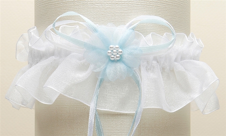Organza Bridal Garters with Baby Pearl Cluster - White with Something Blue Ribbon<br>819G-BL-W