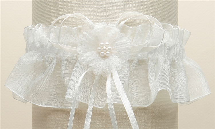 Organza Bridal Garters with Baby Pearl Cluster - Ivory<br>819G-I-I
