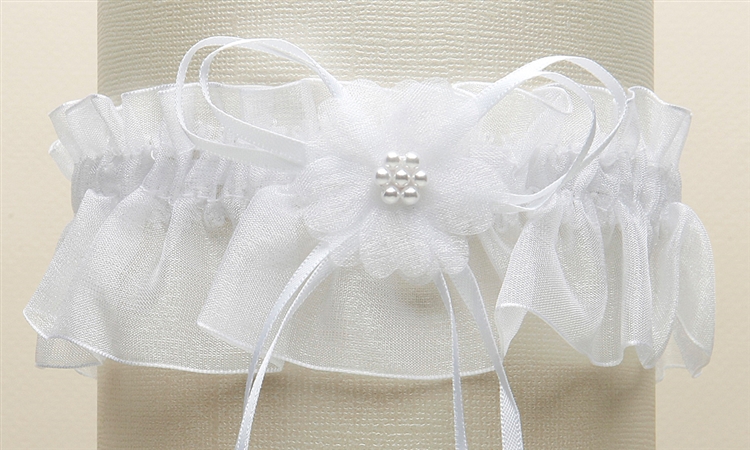 Organza Bridal Garters with Baby Pearl Cluster - White<br>819G-W-W