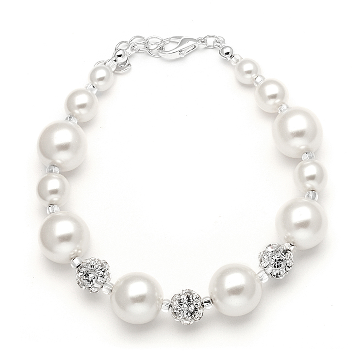 Pearl Wedding Bracelet with Rhinestone Fireballs - White<br>878B-W-W-S