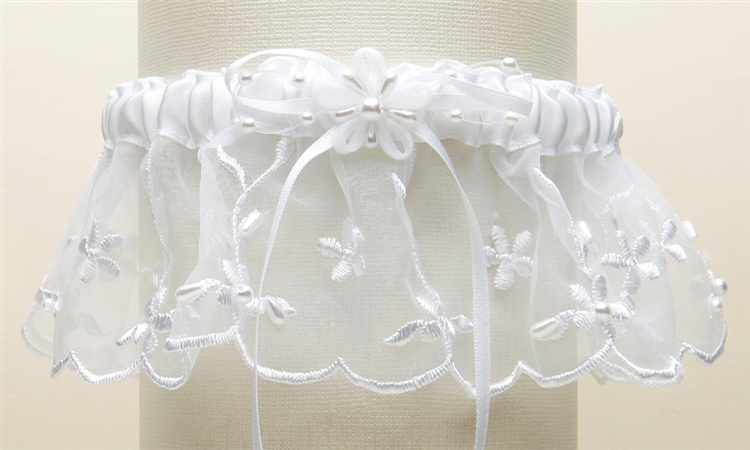 Embroidered Wedding Garters with Rice Pearl Accents - White<br>886G-W-W