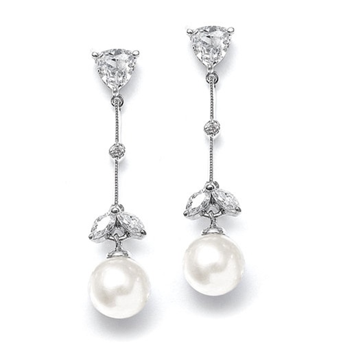 CZ Trillion and Pearl Bridal Earrings<br>E080-I-S