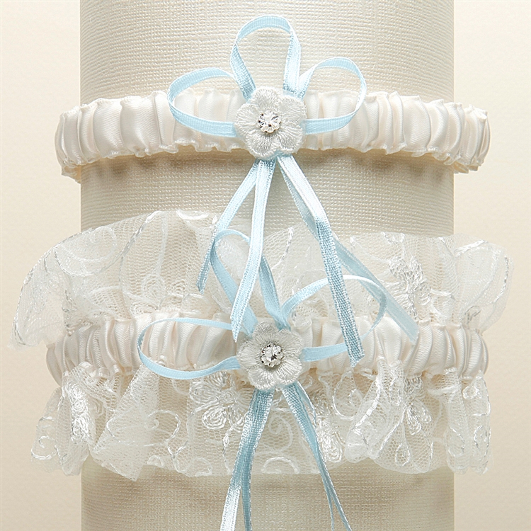 Vintage Wedding Garter Set in Floral Embroidered Tulle - Ivory & "Something Blue" Ribbon<br>G018-BL-I