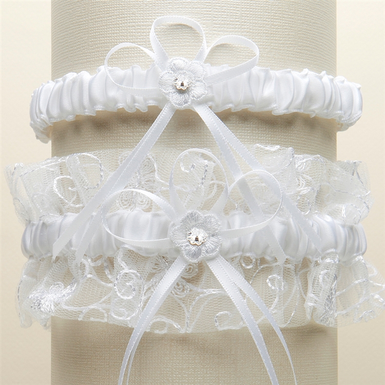 Vintage Wedding Garter Set with Floral Embroidered Tulle - White<br>G018-W-W