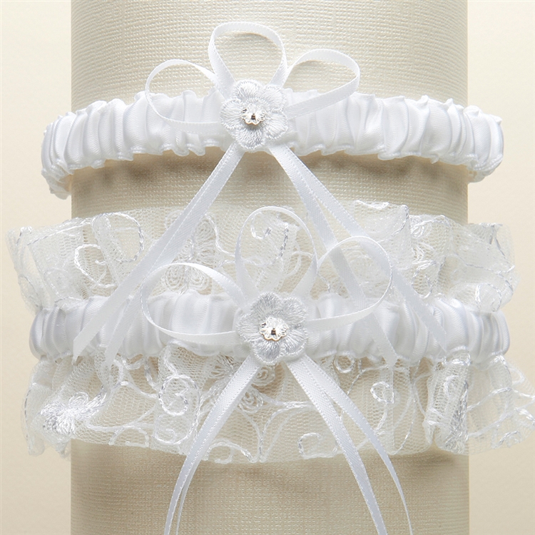 Mariell Wholesale Vintage Wedding Garter Set with Floral Embroidered Tulle - White