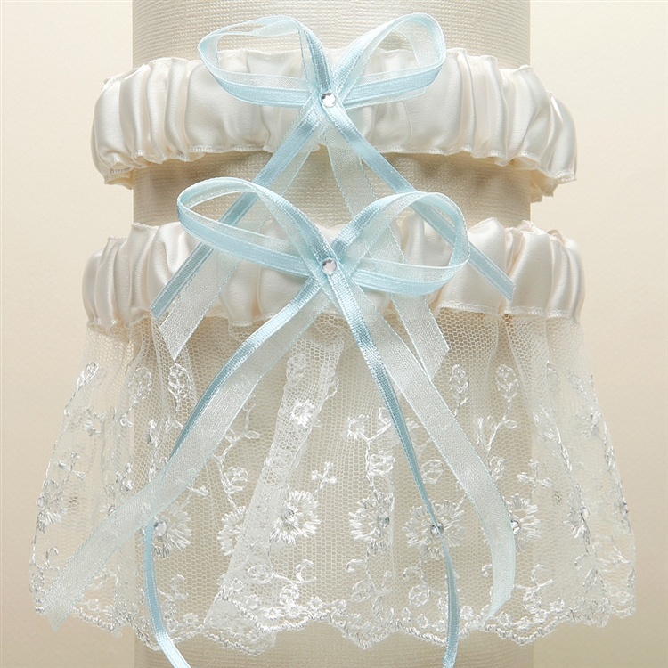 Embroidered Wedding Garter Set with Scattered Crystals - Ivory & "Something Blue" Ribbons<br>G021-BL-I