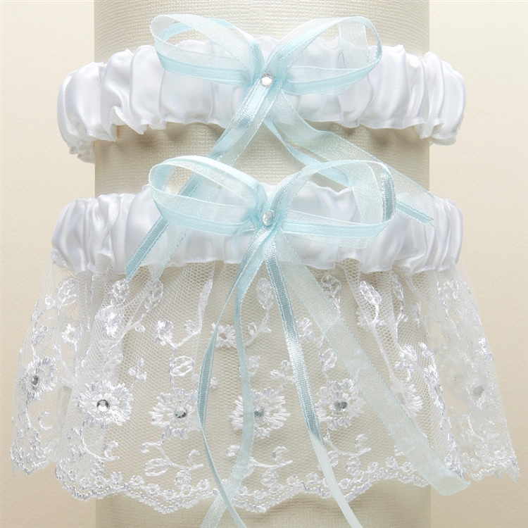 Embroidered Wedding Garter Set with Scattered Crystals - White & Something Blue Ribbon<br>G021-BL-W