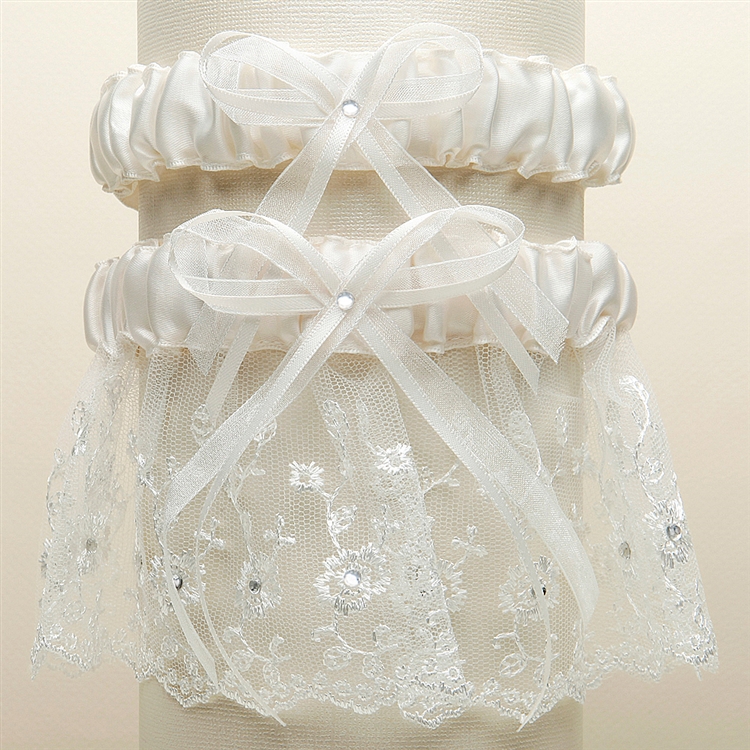 Embroidered Wedding Garter Sets with Scattered Crystals - Ivory<br>G021-I-I