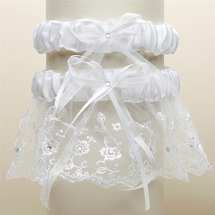Embroidered Wedding Garter Sets with Scattered Crystals - White<br>G021-W-W