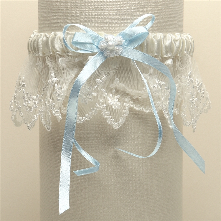 Vintage Irish Lace Inspired Wedding Garter - Ivory with "Something Blue" Ribbon<br>G029-BL-I