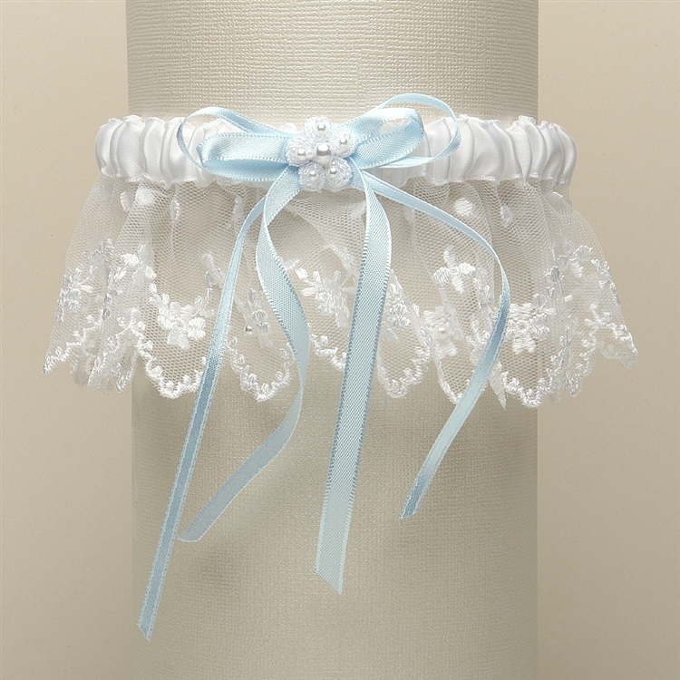 Vintage Irish Lace Inspired Wedding Garter - White with Something Blue Ribbons<br>G029-BL-W