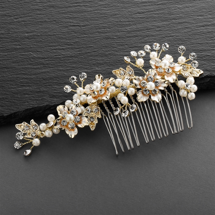 Brushed Gold and Ivory Pearl Wedding Comb<br>H001-I-G