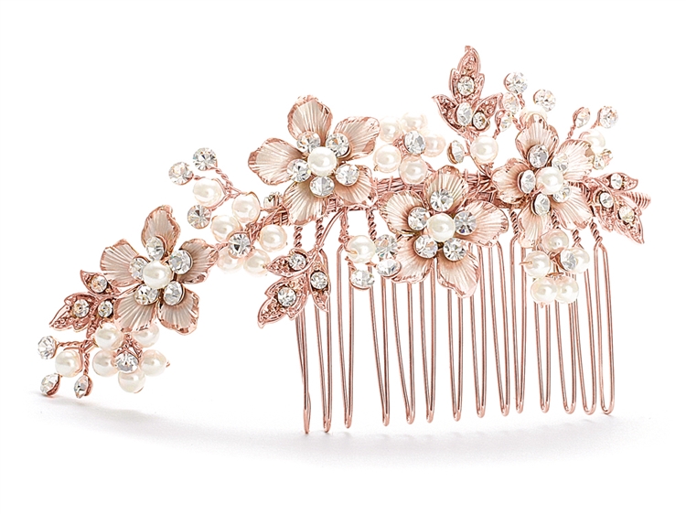 Brushed Rose Gold and Ivory Pearl Wedding Comb<br>H001-RG