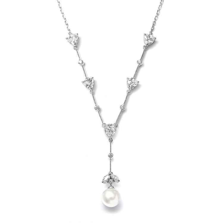 CZ Trillion and Ivory Pearl Bridal Necklace<br>N080-I-S