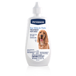 ** OUT OF STOCK **PET IQ PETARMOR EAR MITE & TICK TREATMENT DOG 3OZ 3/PACK UPC 73091025887