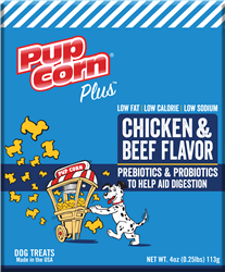 SUNSHINE MILLS 6/4 OZ. PUPCORN PLUS CHICKEN & BEEF DOG TREATS  UPC 738039208875