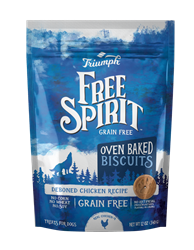 ** OUT OF STOCK **TRIUMPH PET INDUSTRIES FREE SPIRIT GRAIN FREE CHICKEN, CHICKPEA & BLUEBERRY BISCUITS 6/12 OZ.  UPC 073657009054
