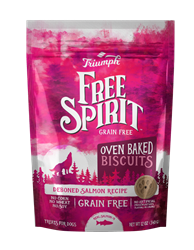 ** OUT OF STOCK **TRIUMPH PET INDUSTRIES FREE SPIRIT GRAIN FREE SALMON & SWEET POTATO BISCUITS 6/12 OZ.  UPC 073657009061