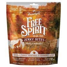 ** OUT OF STOCK **TRIUMPH PET INDUSTRIES FREE SPIRIT GRAIN FREE TURKEY, VEGETABLE & CRANBERRY JERKY BITES 20 OZ. UPC 073657009443