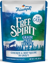 ** OUT OF STOCK **TRIUMPH PET INDUSTRIES FREE SPIRIT FOR CATS CHICKEN & BEEF RECIPE IN GRAVY - 3 OZ. POUCH - 2/12 PK UPC 073657010296