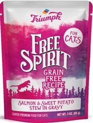 ** OUT OF STOCK **TRIUMPH PET INDUSTRIES FREE SPIRIT FOR CATS SALMON & SWEET POTATO STEW IN GRAVY - 3 OZ. POUCH - 2/12 PK UPC 073657010302