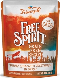 TRIUMPH PET INDUSTRIES FREE SPIRIT FOR CATS TURKEY STEW WITH VEGETABLES IN GRAVY - 3 OZ. POUCH - 2/12 PK UPC 073657010319