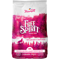 TRIUMPH PET INDUSTRIES FREE SPIRIT GRAIN FREE DEBONED SALMON & SWEET POTATO 26 LB UPC 073657390176