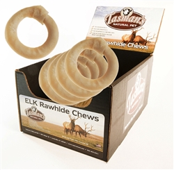 TASMAN'S NATURAL PET POP DISPLAY 5"-6" MED ELK RING - 18 SINGLES- SHRINK WRAP UPC 728028057553