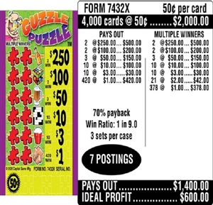$250 TOP - Form # 7432X Guzzle Puzzle $0.50 Ticket (3-Window)